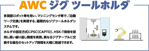 AWCジグツールホルダ | 多関節ロボット等を用い、マシニングセンタ等で、「自動ワーク交換」を実現する、画期的なジグツールホルダシステムです。ホルダの固定方式にPSC(CAPTO)、HSK-T企画を採用し高い繰り返し精度を実現。異なるジグテーブルに交換する場合のセットアップ時間を大幅に削減できます。